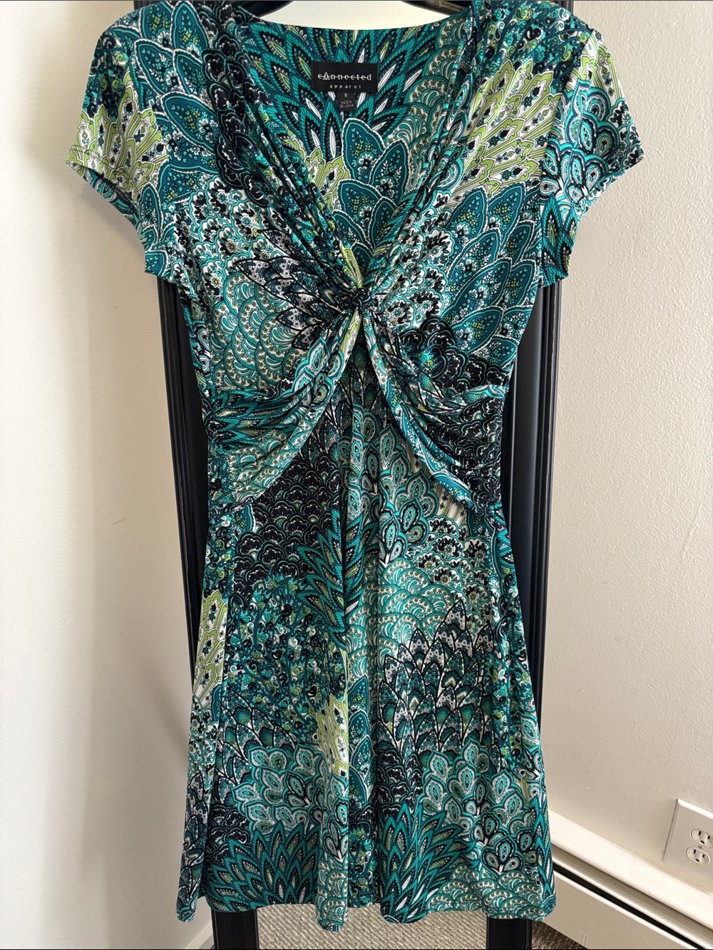 Teal and Green Twist-Front Paisley Knee Length Dress w Cap/Short Sleeves